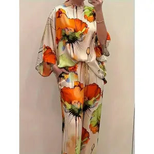 Women's Elegant Floral Print Satin Two-Piece Set: Round Neck Top and Wide-Leg Pants