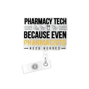 Pharmacy Tech Themed Badge Holder, 1 Count/3 Counts Acrylic Bling Retractable Badge Reel, Name Badge Holder for Nurse Doctor Student Worker Volunteer