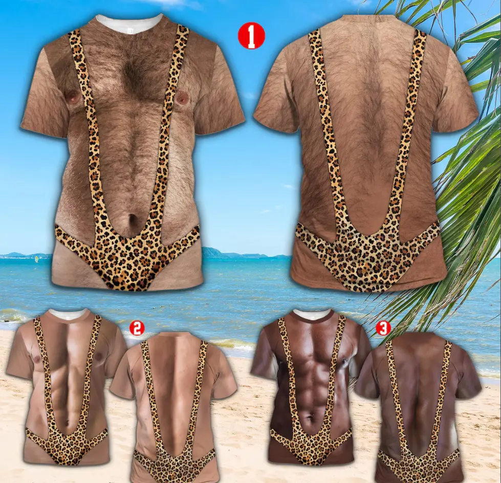 3D Hairy Muscle Body Swimsuit T-Shirt for Men, Funny Mankini Tee Leopard Print Mankini Shirt Adult Party Costume Top for Beach Bachelor Gift