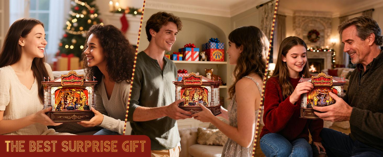 3D Wooden Puzzle Music Box DIY Animal Carnival Theater Kit with LED Light, 413 Pcs Rotating Miniature House Craft Set for Adults, Unique Home Bookshelf Decor, Perfect Birthday & Valentine's Day Gift for Women and Teens