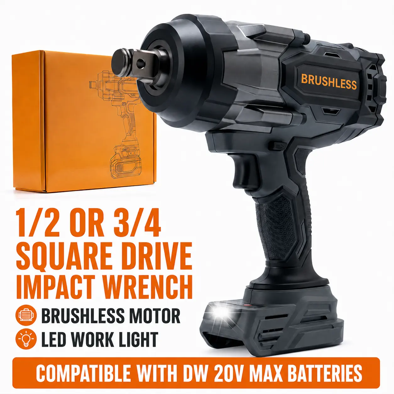 (No Battery Included)  Cordless Impact Wrench, 1/2 & 3/4 Inch Electric Impact Gun, Compatible With DeWALT 20V MAX Battery, Brushless Constant Torque Impact Driver With 3 Speed, Tool Only