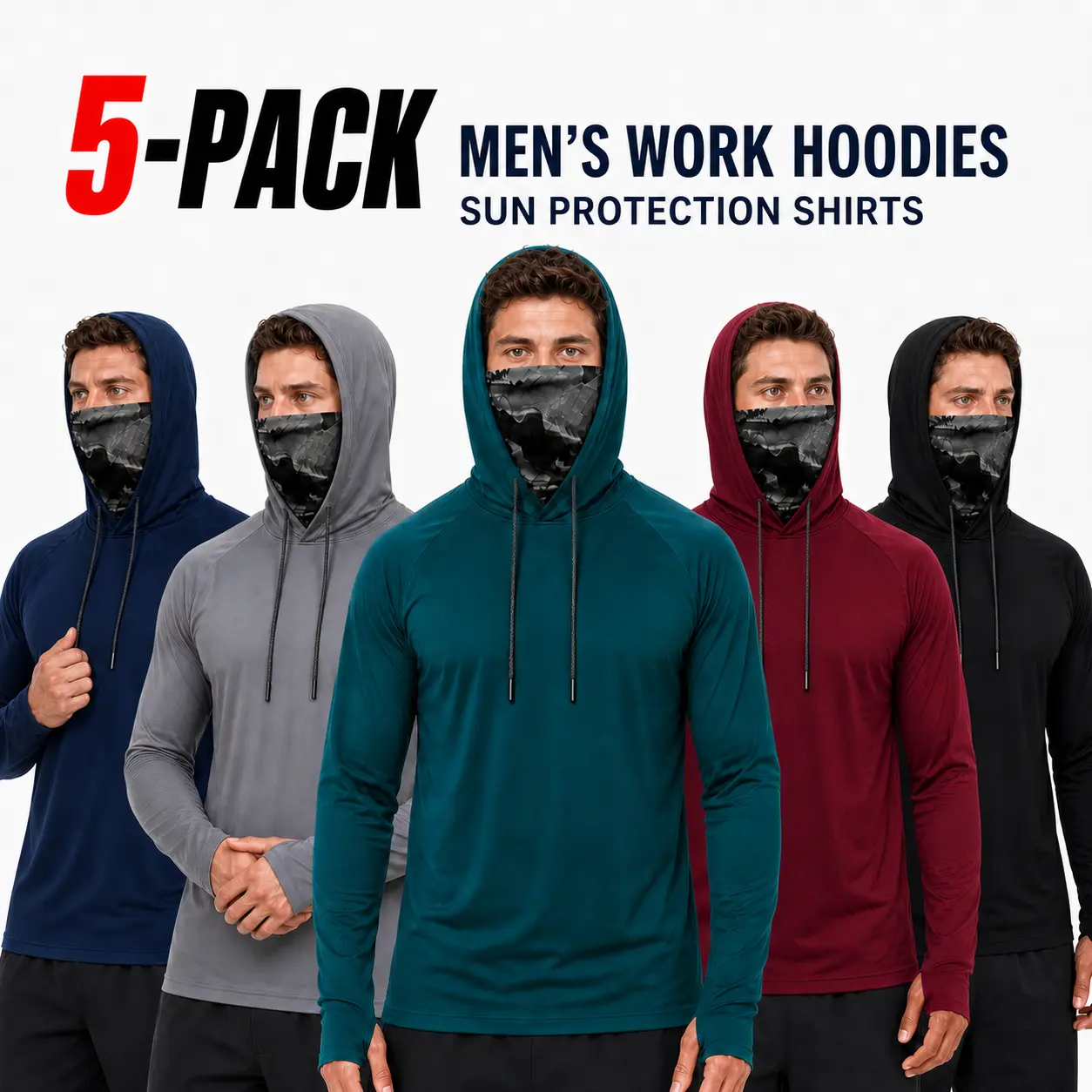 Mens Work Hoodie 5-Pack Quick-Dry Long Sleeve Sun Protection Shirts with Built-In Camouflage Face Cover for Construction Fishing and Outdoor Work
