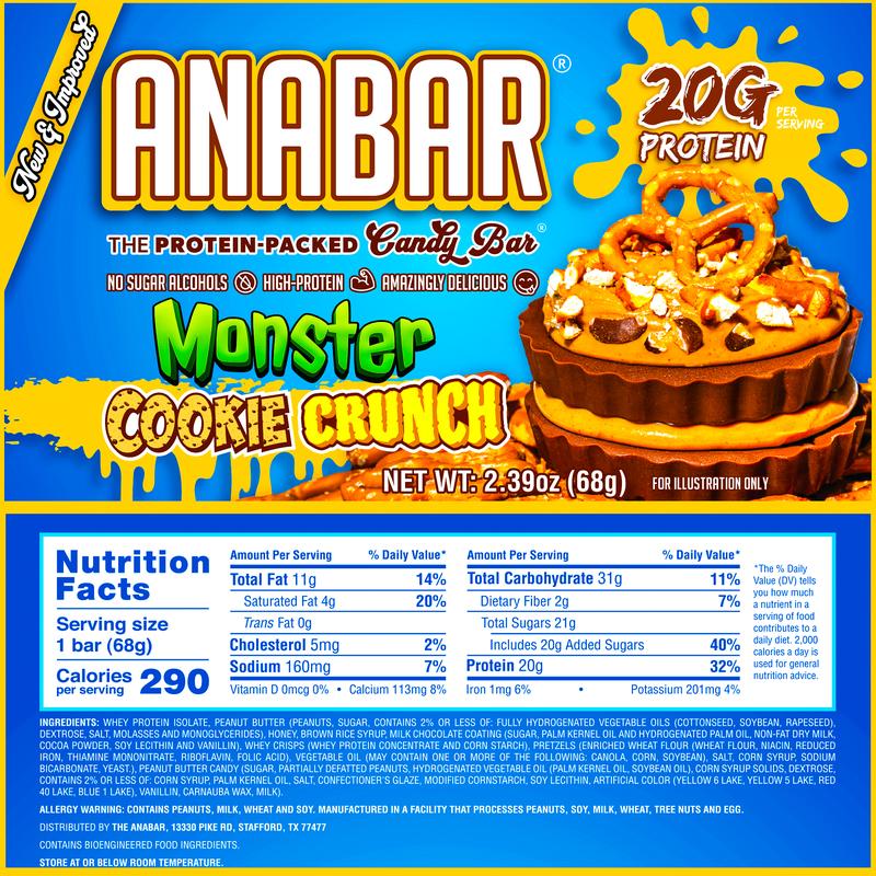 Anabar Monster Cookie Crunch - 12 Pack - Best Tasting Protein Bar with 20g Protein & No Sugar Alcohols - Chocolate Snack with Peanut Butter Candy Pieces