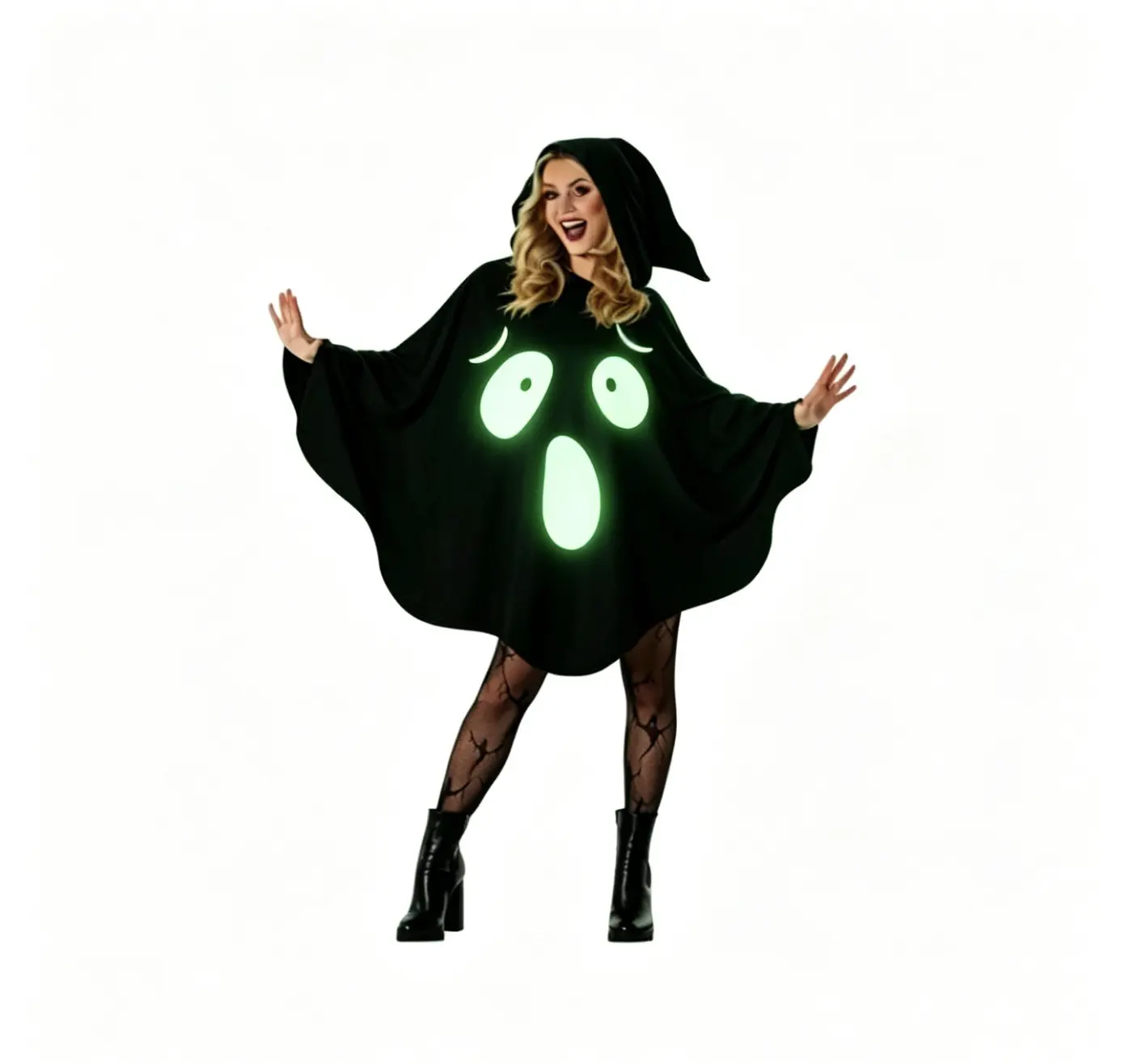 Spooky Ghost Hooded Poncho Costume - White Phantom Cape with Ghost Face for Halloween Parties, Cosplay, Trick-or-Treat Dress-Up