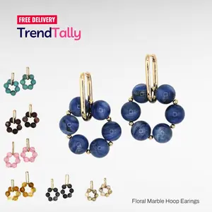 TrendTally Boho Floral Marble Hoop Earrings Post Stud Geometric Flow 2.25" L x 1.4" W Chic Marble Texture Secure Post Studs Versatile Neutral Tones