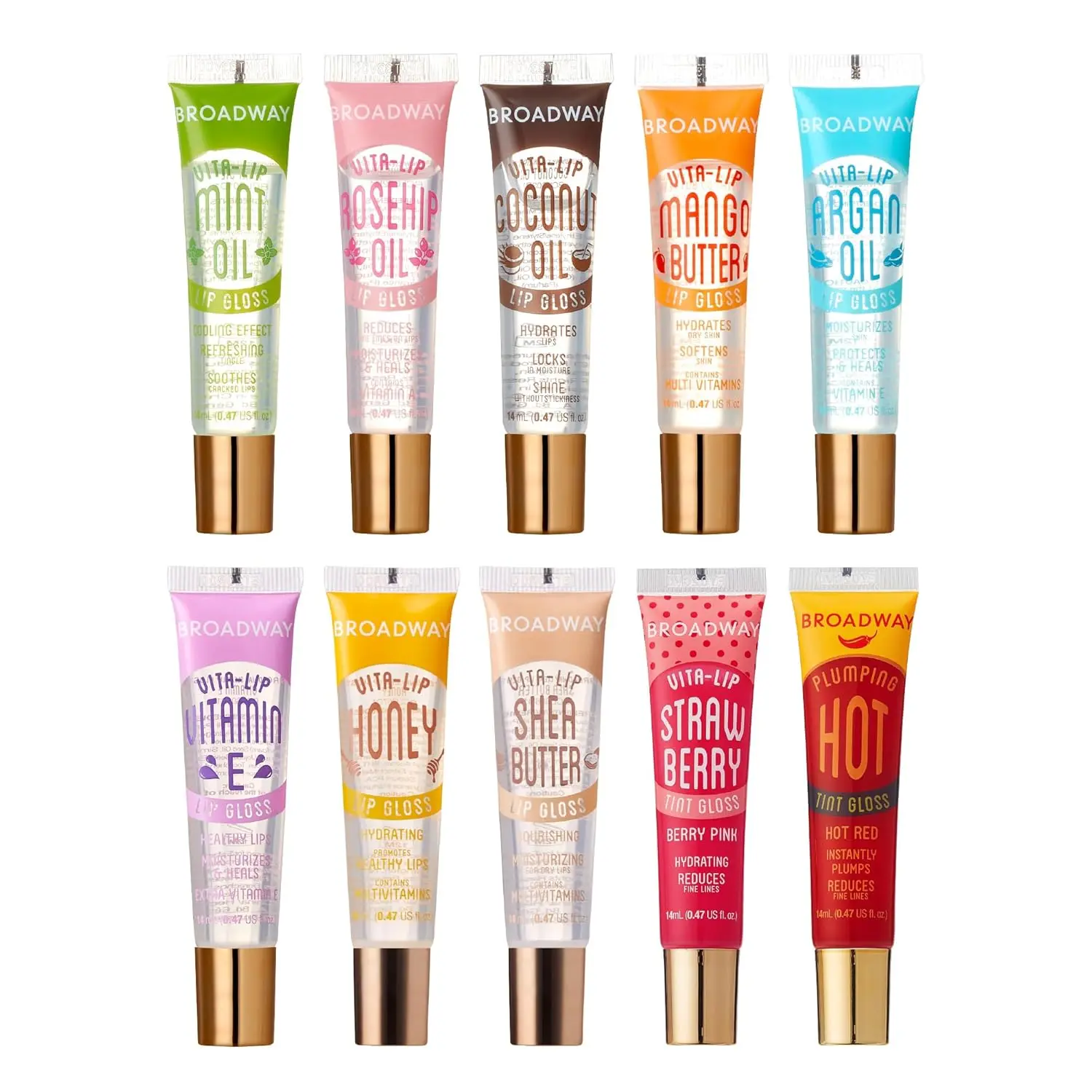 Ruby Kisses Broadway Vita-Lip Tinted & Clear Lip Gloss (10 Pack) Ultra-Hydrating & Soothing Formula, High-Shine Non-Sticky Lip Balm with Mint, Rosehip, Coconut, Mango, Argan, Vitamin E, Honey, Shea, Strawberry, Hot