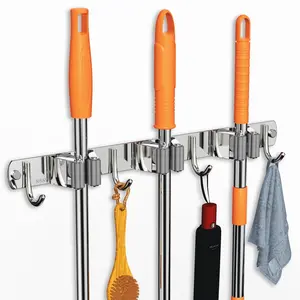 Mop and Broom Holder Wall Mount, Upgraded Broom Organizer Wall Mount, Stainless Steel Broom Hanger Wall Mount for Home Kitchen Garden Laundry Garage (3 Racks with 4 Hooks)