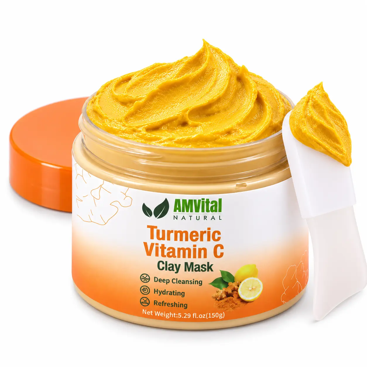 AMVital Turmeric Vitamin C Clay Mask with Hyaluronic Acid & Aloe - Cleansing, Hydrating, Calming Acne Treatment for Breakout Control, Pore Detox, Brightening Dark Spots, Smooth Radiant Skin, Face Mask Deep Cleansing Soothing