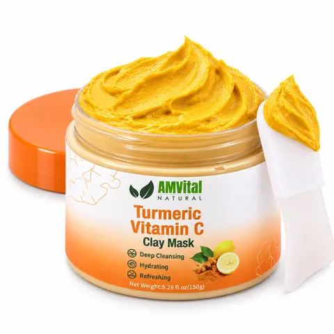 AMVital Turmeric Vitamin C Clay Mask with Hyaluronic Acid & Aloe - Cleansing, Hydrating, Calming Acne Treatment for Breakout Control, Pore Detox, Brightening Dark Spots, Smooth Radiant Skin, Face Mask Deep Cleansing Soothing