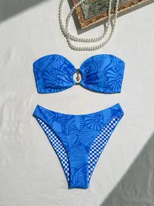 Women's Casual Vacation Bandeau Top & Regular Triangle Bottoms, Ladies Summer Bikini Set