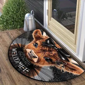 Bow Highland Cow Half Round Welcome Mat, Non-Slip Soft Comfortable Home Decor Rug for Home, Cow Print Animal Print Rug, Washable Foldable Carpet for Living Room and Bedroom