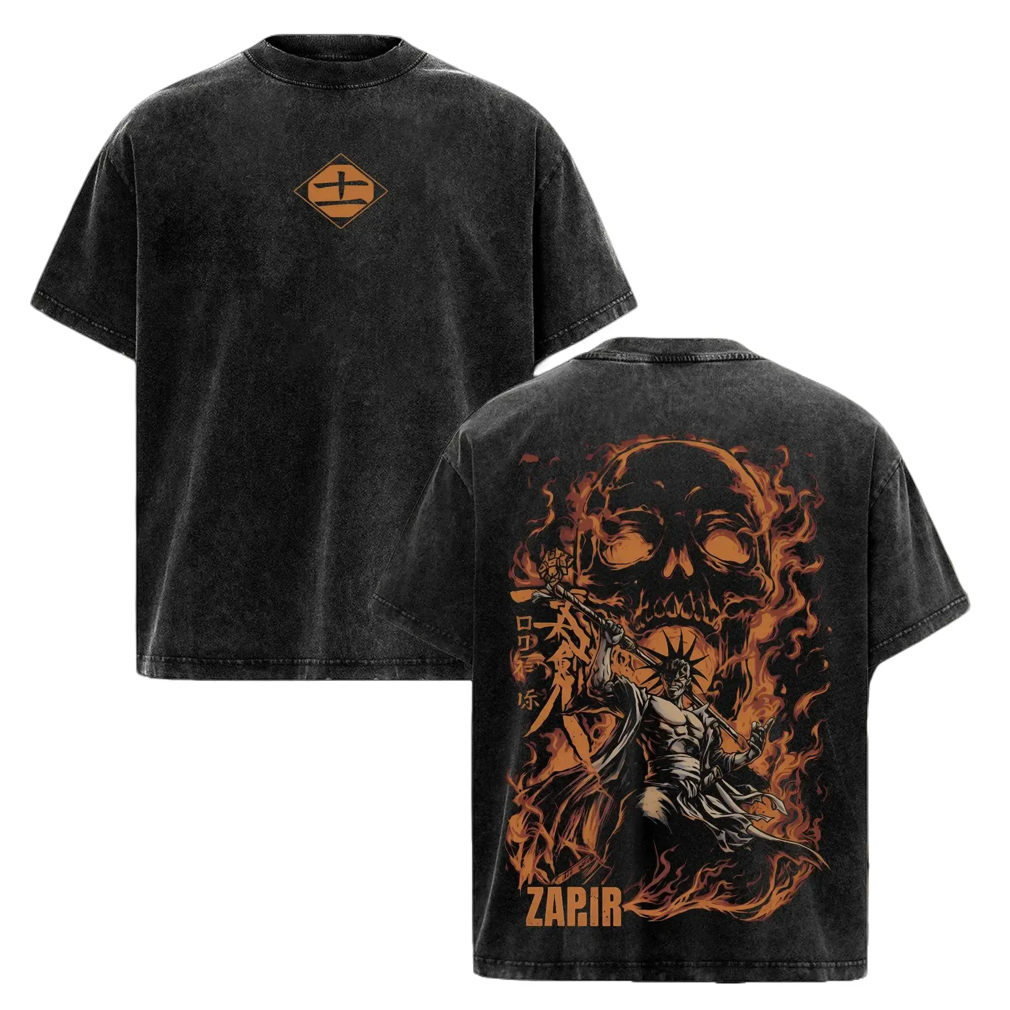 Kenpachi Zaraki Bleach TYBW Vintage Washed Oversized T-Shirt – Thousand-Year Blood War Anime Graphic Tee, Kenpachi Dark Samurai Flame Skull Art Shirt, Soft Cotton Streetwear Casual Apparel, Unisex Top, Gift for Bleach Fans