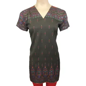Indian Style Printed Kurtis for Women Short Crepe Kurti V-Neck, Short Sleeves Tunic Top Blouse.