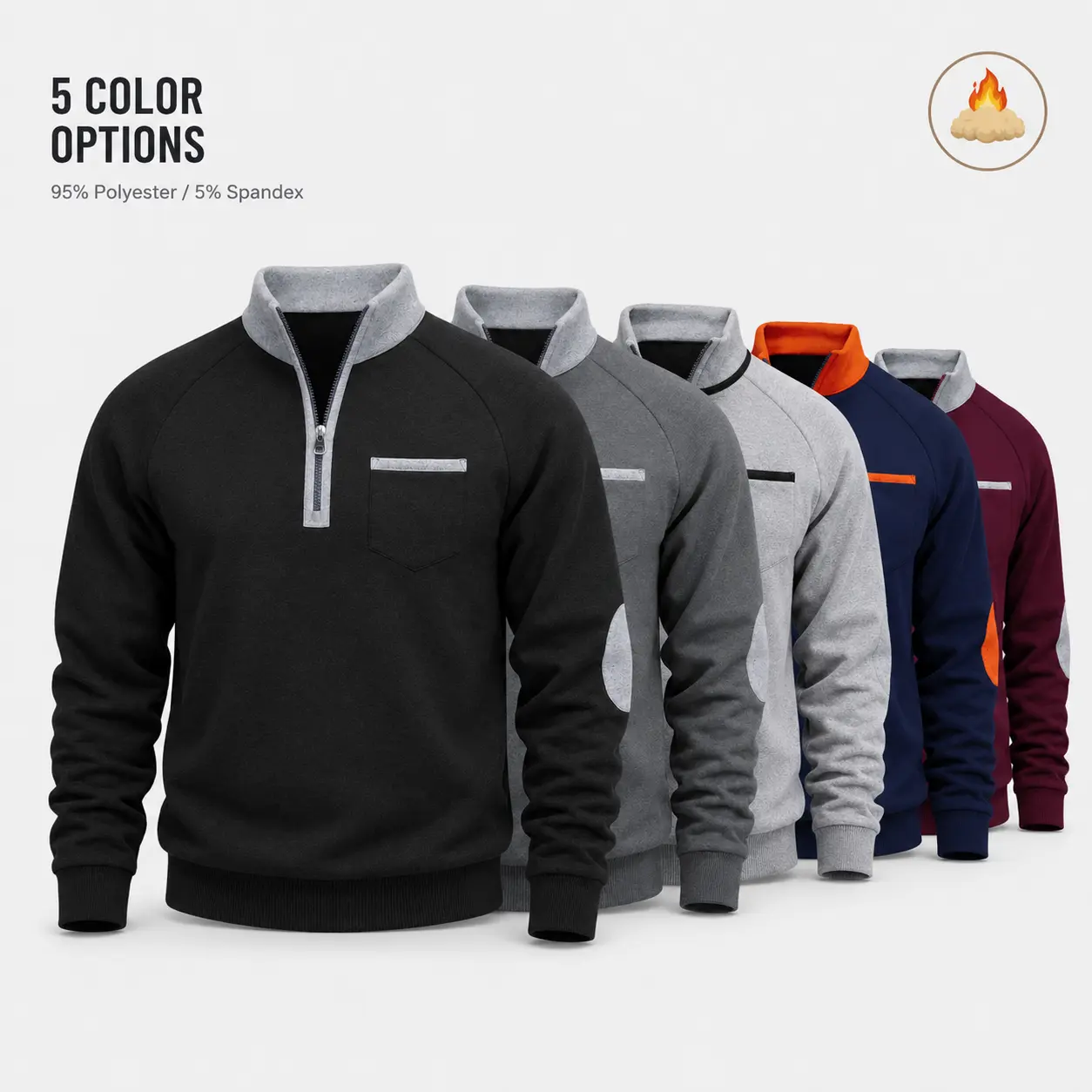 Men’s Fitted Spandex Quarter-Zip Long Sleeve Pullover Sweatshirt - Contrast Colors Stand Collar, Chest Pocket, Elbow Patches, Stretch Menswear Long Sleeve Tops for Fall Winter Workwear Men's Clothing