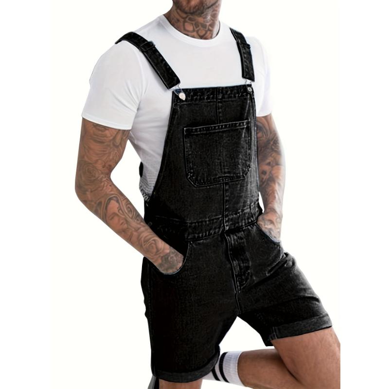 Mens Denim Shorts Bib Overall Jean Romper Casual Loose Fit Walkshort Button Pockets Summer Jumpersuit Menswear Polyester