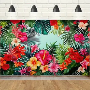 1pc 2D Tropical Floral Jungle Banner, HD Vibrant Hibiscus & Palm Leaves, Rich Hawaiian Vibe, Perfect for Tropical Theme Party / Pool Party / Wedding & Airbnb Decor Backdrop