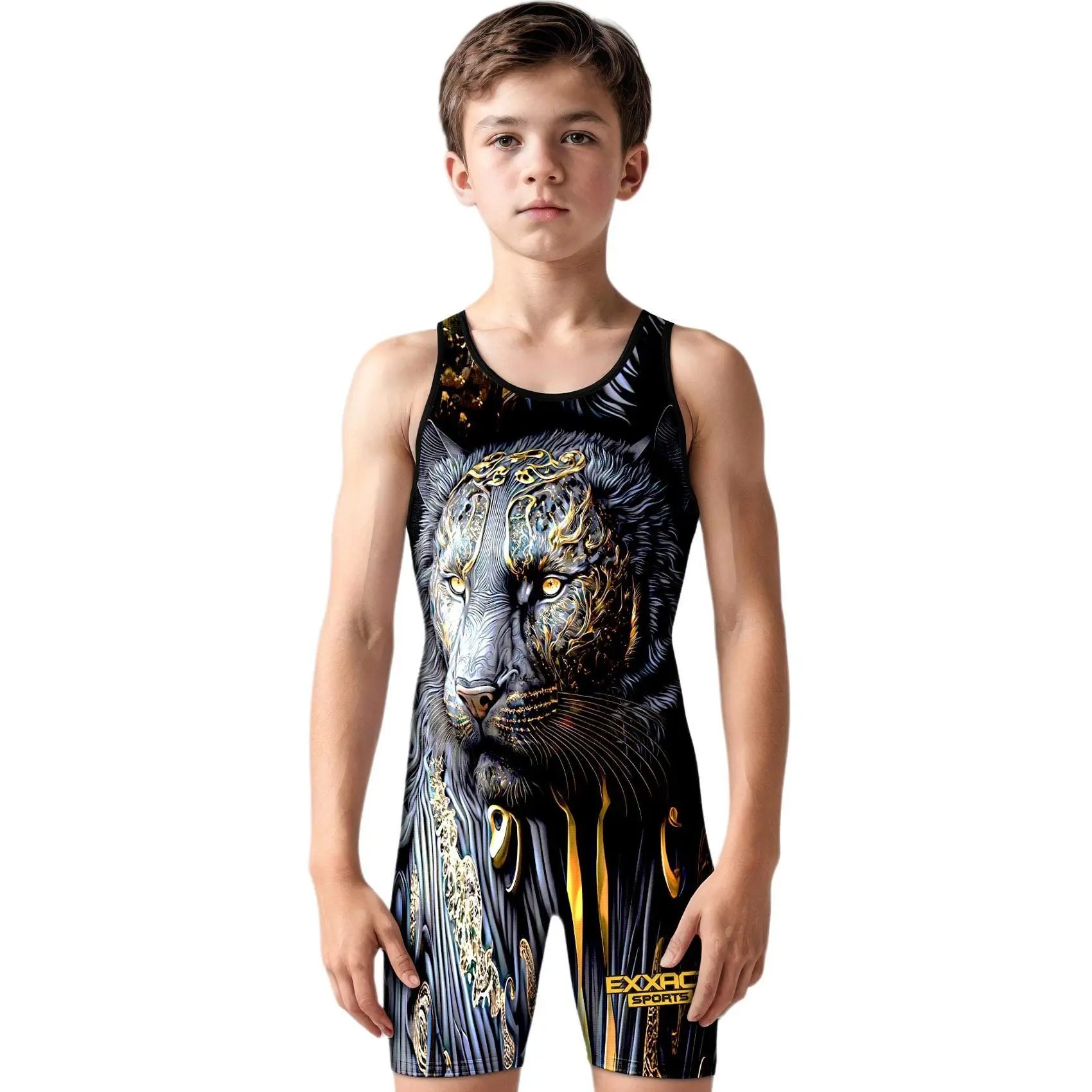 Exxact Sports Youth Boys' Lion Sublimated Wrestling Singlet, Fitted Polyester Spandex with 4-Way Stretch and Anti-Chafe Seams for MMA, Boxing & Brazilian Jiu-Jitsu