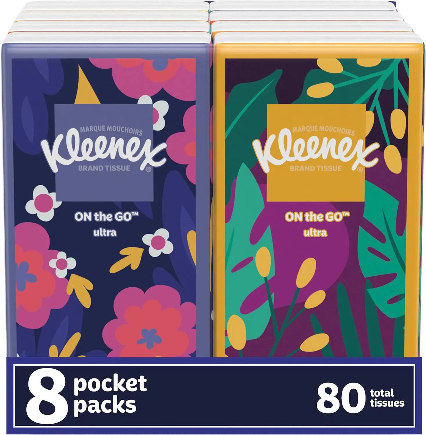 Facial Tissues, 8 On-The-Go Packs, 10 Tissues per Box, 3-Ply (80 Total Tissues) Napkin