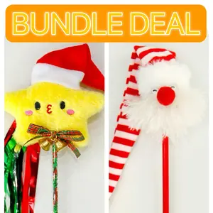 Deluxe Festive Christmas Star Cat Teaser Wand with Bell, Colorful Tassels and Plush Santa Hat for Engaging Holiday Interatvie Exercise, Fun Kitten Cat Toy