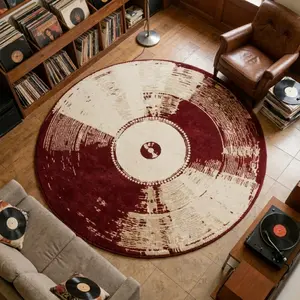Vinyl Record Pattern Decorative Rug, Round Soft Non-Slip Carpet, Vintage CD Design, Easy Clean, Living Room Bedroom Decor