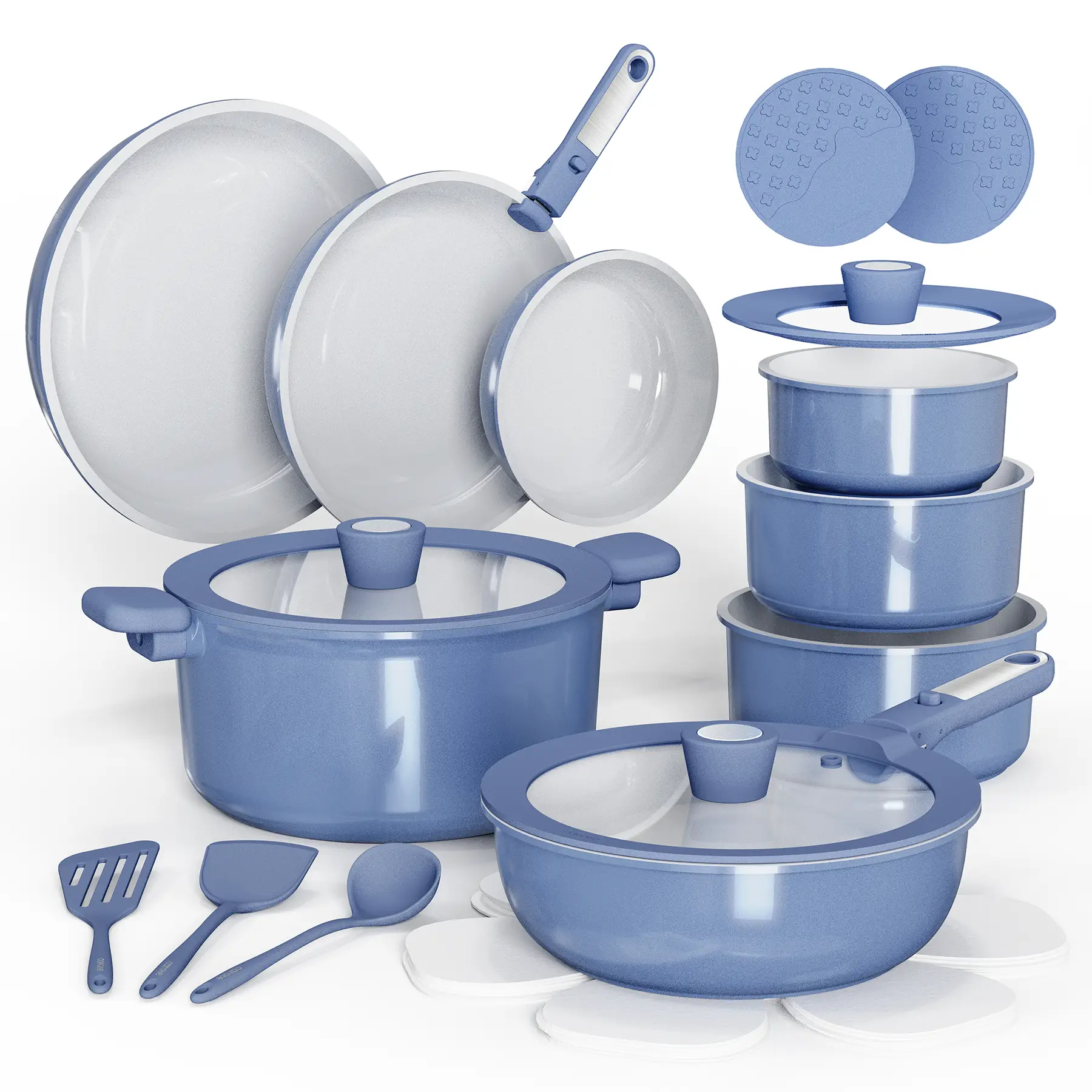 [Official] CAROTE 25pcs Ceramic Detachable Cookware Set, Non-Stick Induction Kitchen Cookware with Detachable Handle, Dishwasher/Oven Safe, Green/Blue