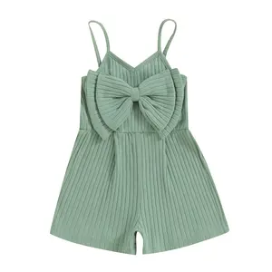 Toddler Baby Girls Ribbed Knit Romper Spaghetti Strap Sleeveless Jumpsuit with Big Bow Sleeveless One-Piece Cute Overalls Shorts Summer Outfit #Summerviebes