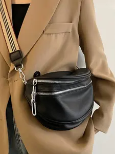 Women's Casual PU Crossbody Shoulder Bag, Wide Strap Chest Bag, Fashion Multi-Layer Pocket Saddle Bag, All Seasons