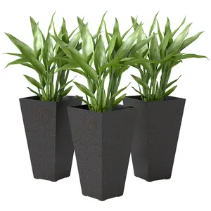 Outsunny 28 Inch Tall Planters for Outdoor Plants, Set of 3 Plastic Flower Pots with Marble Finish and Drainage Holes, Stackable Tapered Large Planters for Indoor Plants, Front Porch Decor, Brown