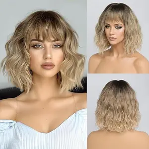 Ombre Blonde Wigs for Women Ash Blonde Wig with Bangs Short Wavy Wigs Dirty Blonde Wig with Dark Roots Medium Length Synthetic Hair for Daily Party&Cosplay(12 Inch)