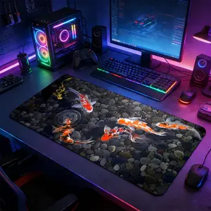 Japanese Koi Fish XXL Extended Gaming Mouse Pad, Made for Gaming, Gaming Accessory, Feng Shui Oriental Art Large Non-Slip Rubber Desk Mat, Stitched Lock Edge Washable, Suitable for Home Office Gaming Setup, Ideal Gift for Koi Fish & Oriental Art Fans