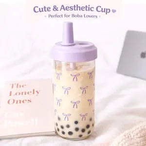500ml Cute Bow Straw Water Bottle With Lid Plastic Aesthetic Cold Boba Tea Coffee Cup For Outdoor School Home Office Drinking Bottle BPA Free