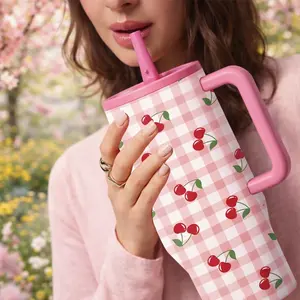 Spring Aesthetic Pink Cherry Tumbler With Handle And Straw, Leakproof Insulated Tumbler, Insulated Coffee Tumbler, 40oz Large Capacity Insulated Mug, Leak Proof Lid, Keeps Hot 12H Cold 24H, Cute Gift For Women Girls, Picnic Travel Daily Drinkware, Flask