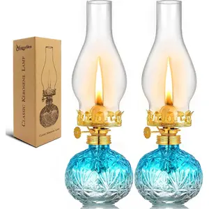 2 Pcs Chamber Oil Lamps for Indoor Use Lantern Kerosene Hurricane Vintage Glass Lamp, Large Classic Decor Lamp for Home Emergency Lighting 11Inch Height (Gradient Blue)