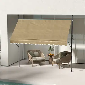 10' x 4' Manual Retractable Awning Non-Screw Patio Awning UV Resistant for Window or Door Beige Adjustable Canopy Solid Frame Sun Shade