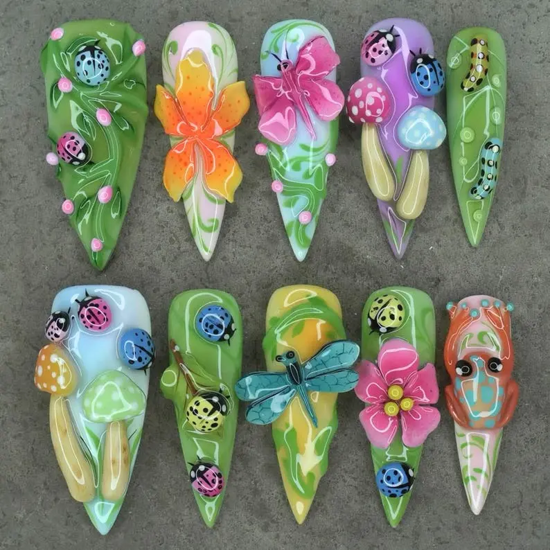 Nature Press On Nails 3D Floral Frog Bug Butterfly Mushroom Fairy Summer Vibe