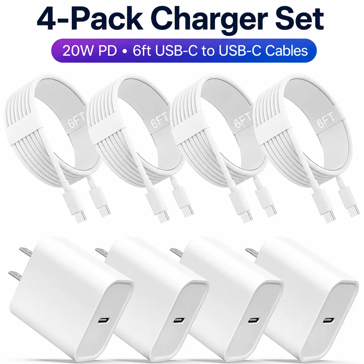 4-Pack USB-C Charging Kit: 4-pcs 20W Super Fast Cellphone Wall Charger Blocks + 4-pcs 6FT USB-C to USB-C Cables for iPhone 17/16/15 Pro Max, Electronic Mobile Devices, 4 Pcs 6ft for IP 17/16/15 (TikTok Shop Back to School)