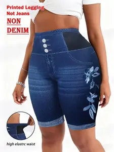 Women's Printed Leggings Non-Denim Fabric, Casual Fashion Tight Shorts, Elastic Fake Jeans Print, All-Season Comfort