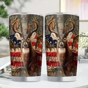 1pc 20oz Insulated Stainless Steel Tumbler with Deer & Flag Design, Christmas Gift, Double-Wall Vacuum Insulated Travel Mug Leakproof BPA-Free Cup for Hot Cold Drinks Christmas Gifts for Men Women Home Office Outdoor Use Drinkware