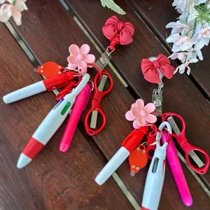 Badge Reel (flowers or Bow) with Accessories Set, Mini Highlighter, Marker, Retractable multicolor Pen, Nursing Keychain Clip, and Flashlight