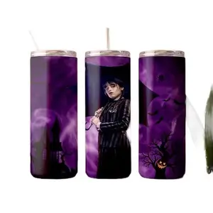 Junkies Wednesday 20 oz Tumbler with Sliding Lid and Metal Straw - Bottle, Drinkware, Reusable, Portable, Spooky Season Plastic Washable Flasks Beverage