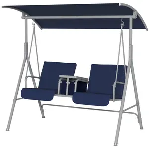 2-Seater Outdoor Porch Swing with Canopy & Built-In Table – Dark Blue Patio Swing Chair with UV-Protected Canopy for Shade – Features a Center Table for Drinks & Snacks, Perfect for Relaxing, Reading, or Entertaining in the Garden