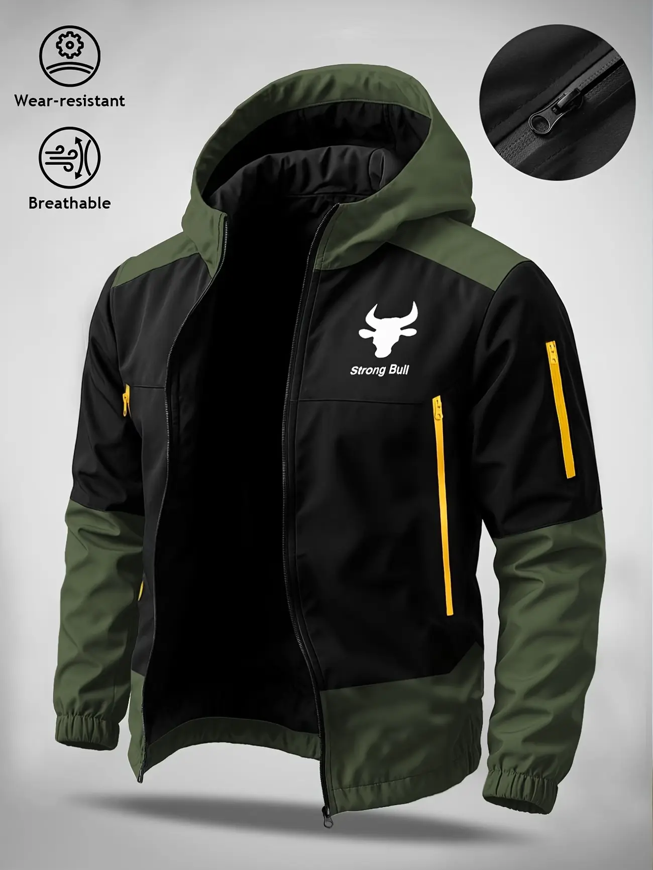 Men's 2-Tone Hooded Polyester Softshell Coat Jacket - Casual, Zip-Up, Weather-Resistant, Abrasion-Resistant, Windproof, Zippers, Multiple Zip Pockets, Direct Fit, Machine Washable, Standard Sizes, Spring/Autumn Outdoor Hike Gear