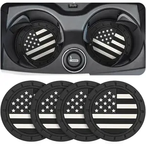 Cup Holder Coasters, 4 Pack Flag Insert Car Cup Coaster, 2.75 Inch PVC Anti Slip Shockproof Embedded Drink Mat, Car Interior Decoration Accessories For SUV,Truck (Black)