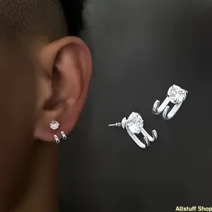 1-2pcs Fashion Men's Jewelry, Stainless Steel Cubic Synthetic Cubic Zirconiaia Stud Earrings in Trendy Hip-Hop Style