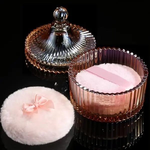 WSYUB Powder Puff & Crystal Container Set, Large Body Powder Puff and Container, Body Powder Container with Puff Valentine's Day gift, Amber Color Glass Jar