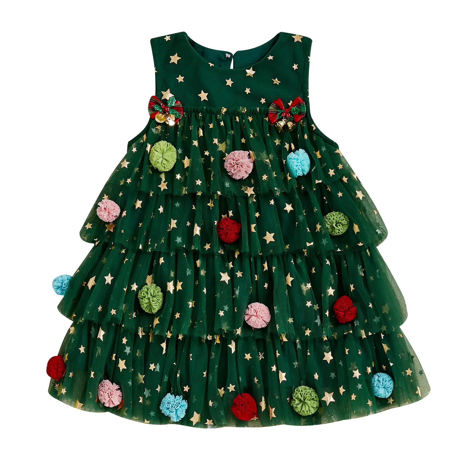 Toddler Kids Girls Christmas Pom Pom Tutu Dress Bows Sequins Stars Sleeveless Tank Dress Layered Ruffle Tulle Dresses