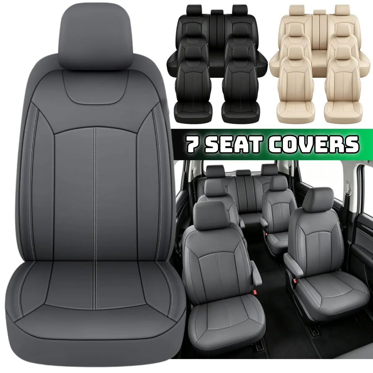 Three Row Car 7 Seat Covers Full Set, PU Leather Front Rear Seat Cushion Protector Pad Mat Rear Split Bench with 3 Zipper Waterproof , Universal Fit for 3 Row 7 Seats Cars BMW Ford Jeep Nissan Toyota Hyundai VW Honda