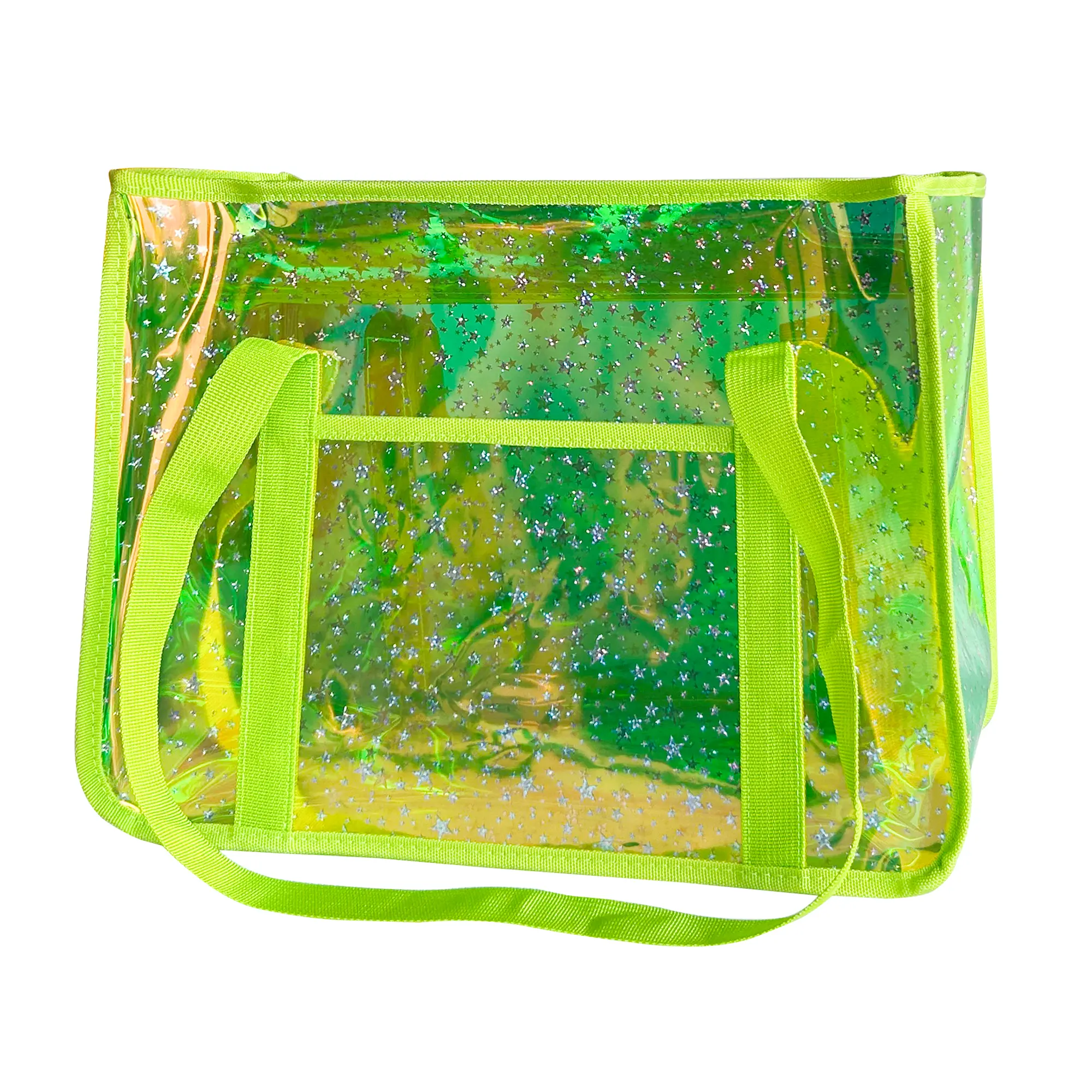 Star-Print Holographic Beach Bag - Waterproof Iridescent PVC Tote for Women, Stadium Approved Clear Tote for Travel