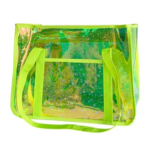 Star-Print Holographic Beach Bag - Waterproof Iridescent PVC Tote for Women, Stadium Approved Clear Tote for Travel