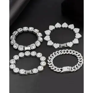 4Pcs Fashion Bracelets for Women,Silver Clustered Tennis Bracelet for Women,Heart Round Diamond Cuban Bracelet Layered Link Bracelet Set Fashion Jewelry for Women Set,DIY Hand Tools Kits,Springtok